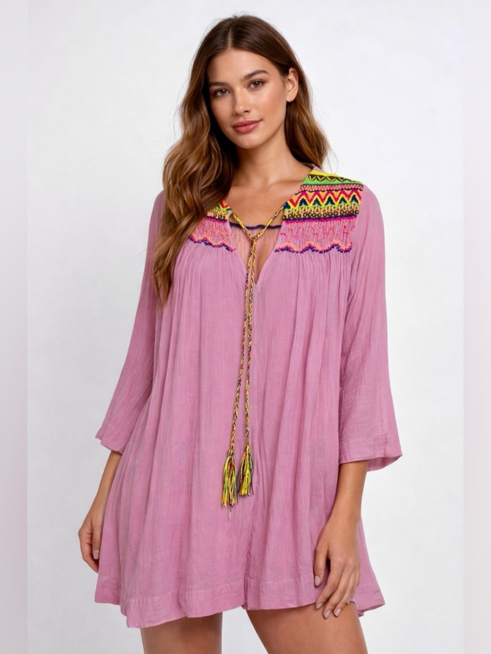 Pia Pauro Pink Embroidered Swim Cover-Up Tunic XS Boho Tassel Dress